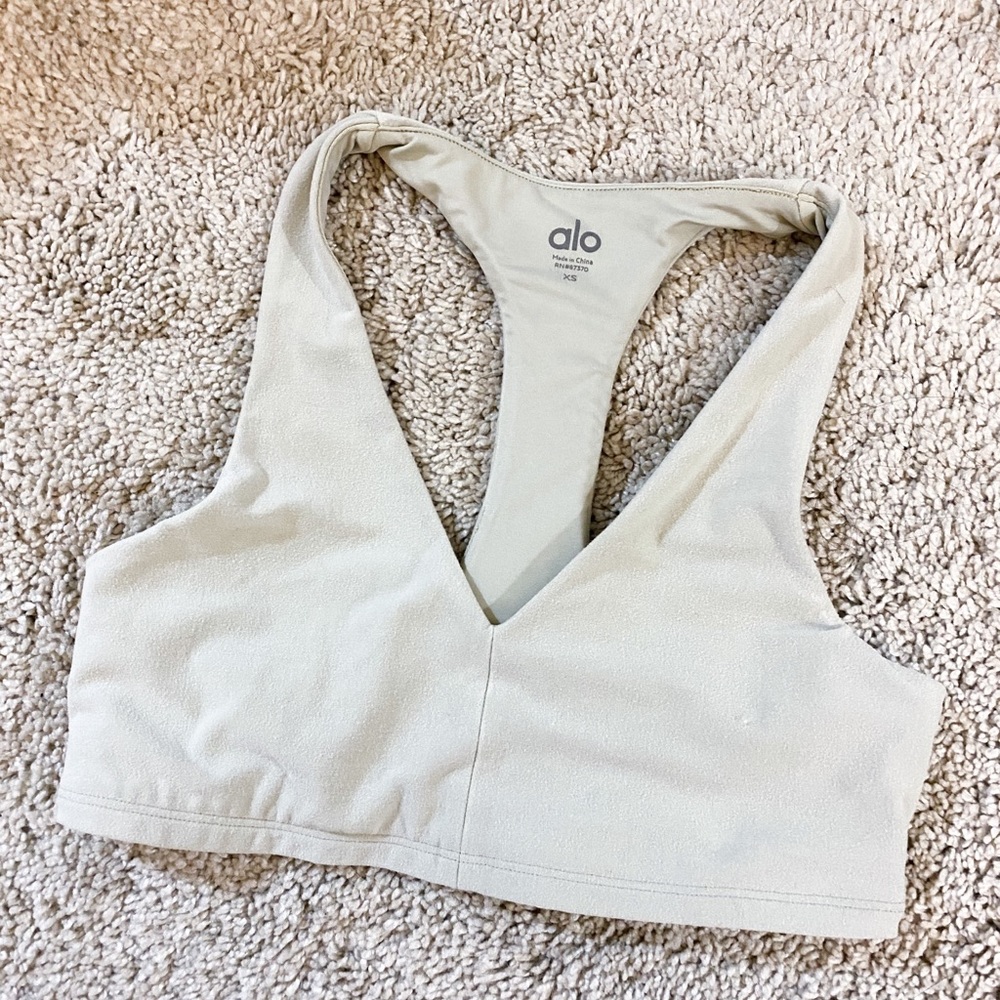 new Alo Yoga Suede Base bra in dove gray
